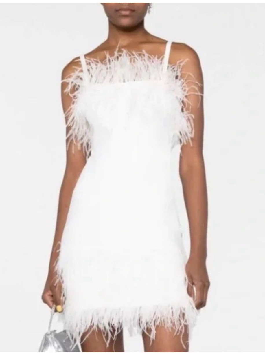 Staud Etta White Ostrich Feather Mini Dress Size Xs New